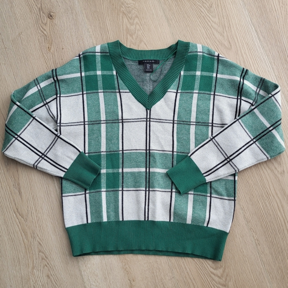 Green Plaid V-Neck Sweater